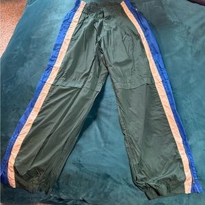 Free People movement Green Track Pants with Blue & Cream Side Stripes Medium